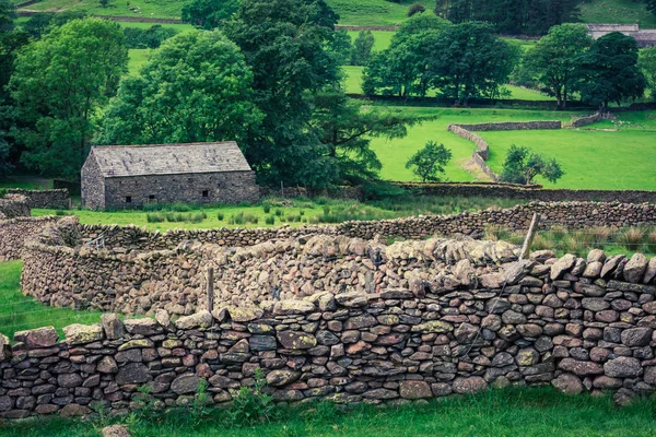 Oude stenen omheining en een huis in het Lake District, England — Stockfoto