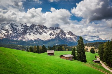 Small valley with cottages in spring, Dolomites, Italy clipart