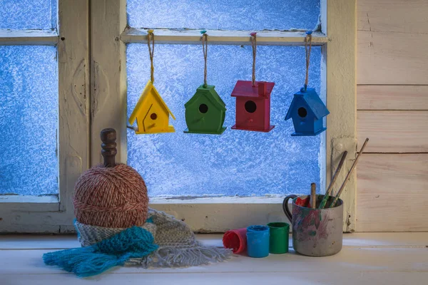 Freshly painted houses for birds in winter day — Stock Photo, Image