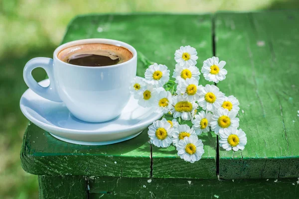 정원에서 아침 식사를 위해 맛 있는 뜨거운 커피 — 스톡 사진