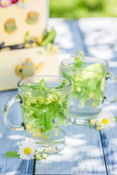 Friska linden te med honung i solig trädgård — Stockfoto