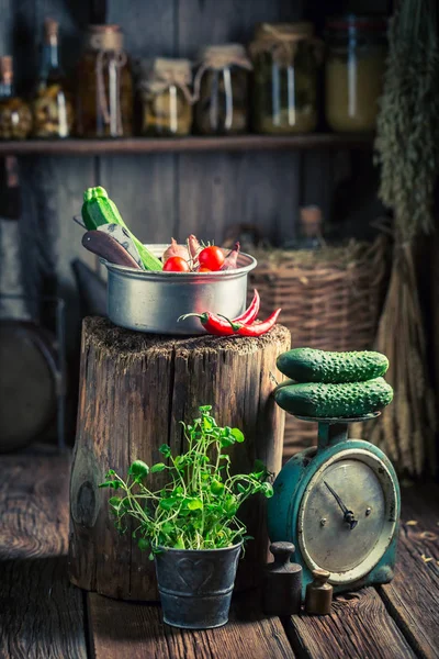 Adega de madeira retro com suprimentos caseiros para o inverno — Fotografia de Stock