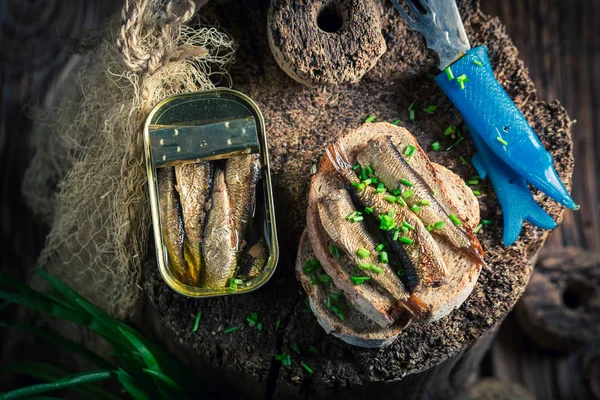 Frisches Sandwich mit Sprotten auf dem Vollkornbrot — Stockfoto