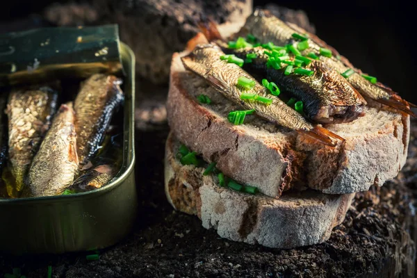 Chutný sendvič wirh šproty s na celozrnný chléb — Stock fotografie
