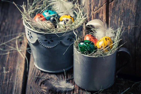 Ορτύκια και κότα Πασχαλινά αυγά με σανό σε παλιά κούπα — Φωτογραφία Αρχείου