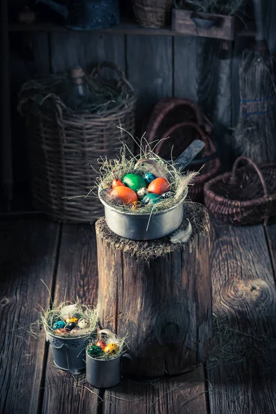 干し草を巣でカラフルなイースターの卵 — ストック写真