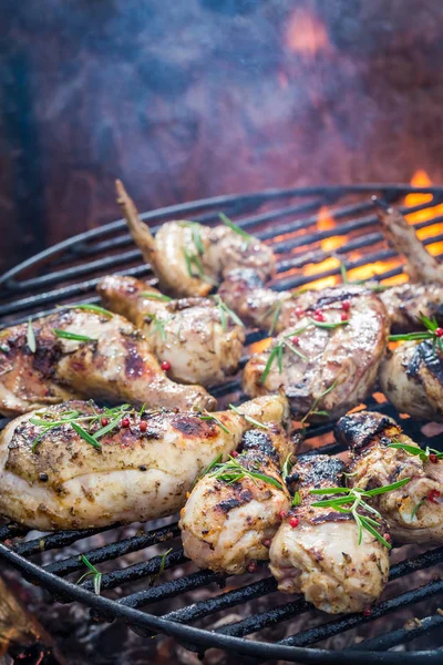 Delicious chicken on grill with spices and rosemary — Stock Photo, Image
