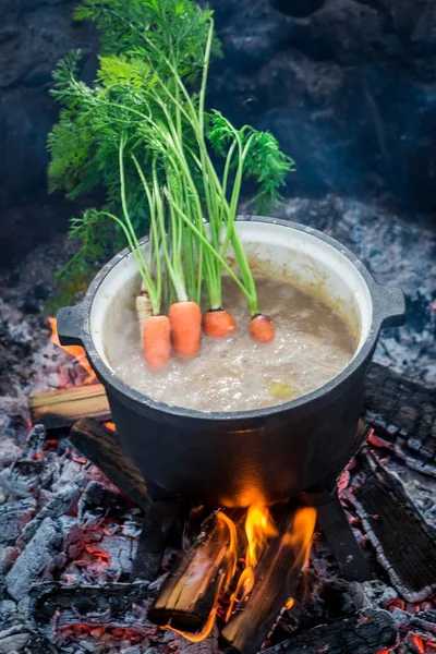 Guiso con verduras y carne de res en la hoguera —  Fotos de Stock