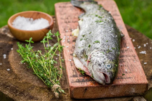 Zubereitung ganzer Forellen mit Salz und Kräutern — Stockfoto