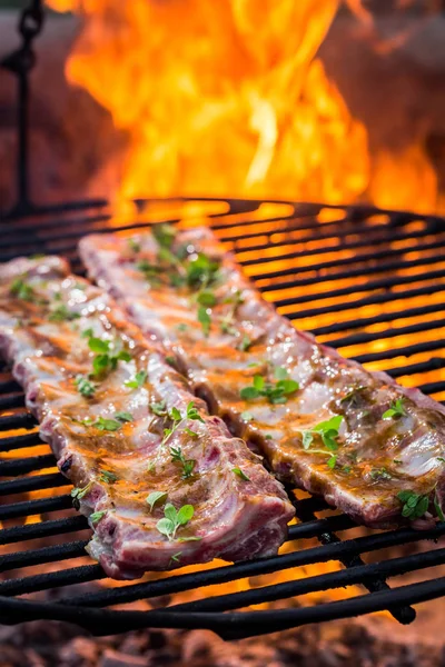 Delicious ribs on grill with thyme and spices — Stock Photo, Image