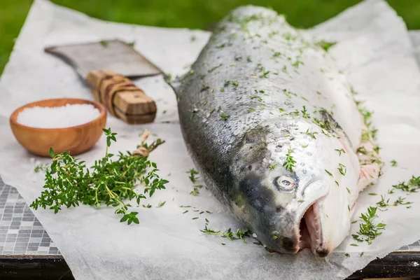 Skivning hela lax med citron och örter — Stockfoto