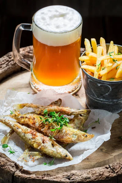 Delicious roasted smelt fish with cold beer — Stock Photo, Image