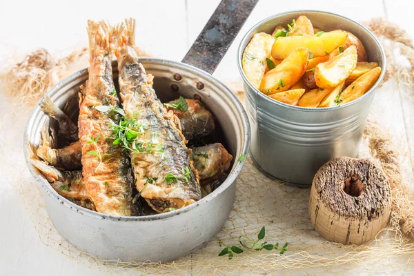 Välsmakande stekt sill fisk med örter och salt — Stockfoto