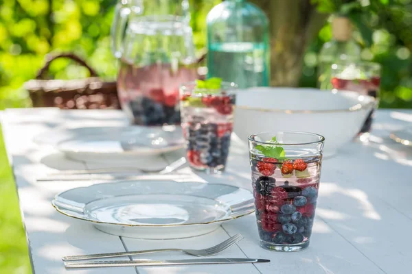 Homemade dinner with chicken and potatoes served in the garden — Stock Photo, Image