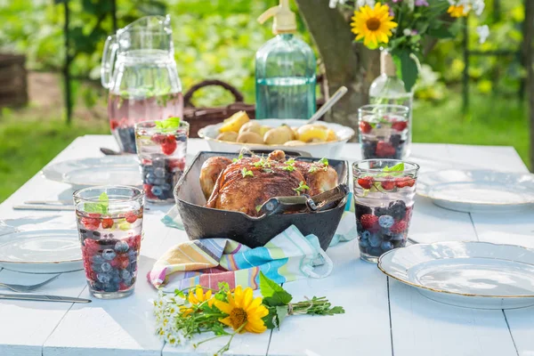 Fresh dinner with chicken and potatoes served in summer — Stock Photo, Image