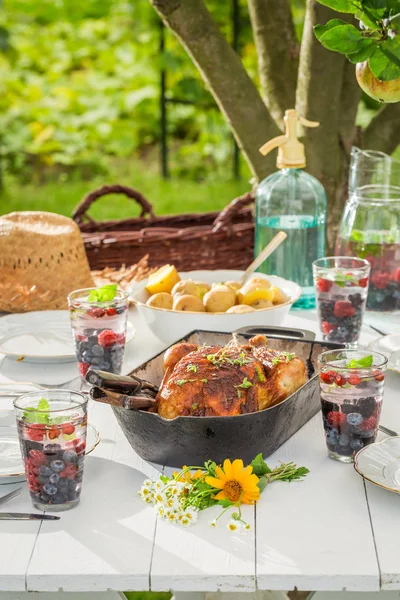 Tasty dinner with potatoes and chicken served in summer — Stock Photo, Image