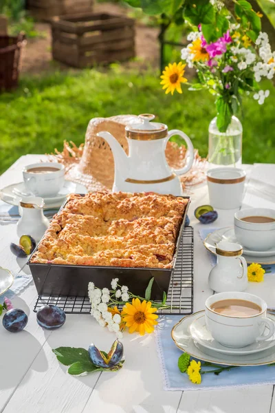 Homemade dessert with plum cake and coffee in the countryside — Stock Photo, Image