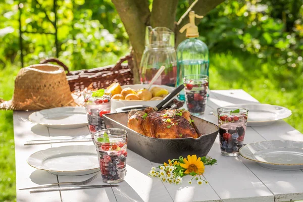 Healthy dinner with chicken and potatoes served in summer — Stock Photo, Image
