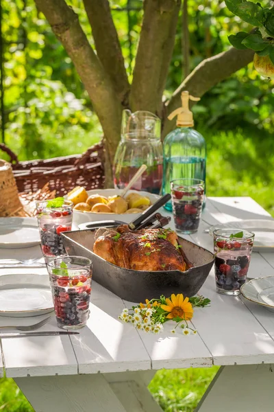 Здоровый ужин с картошкой и курицей подается в солнечный день — стоковое фото