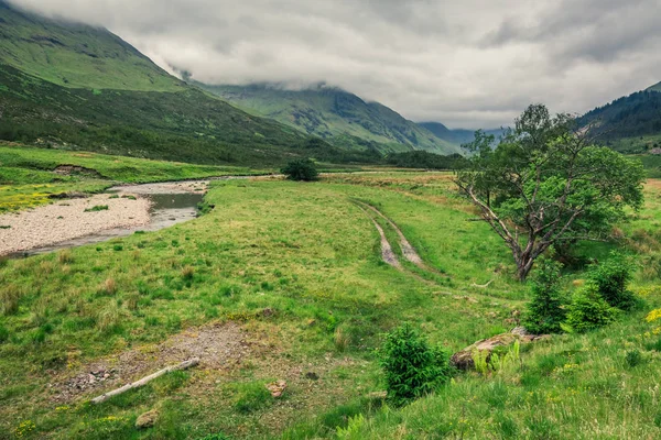 Berg und grünes Tal an einem nebligen Tag in Schottland — Stockfoto