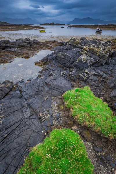 Costa verde e pedras negras na maré baixa, Escócia — Fotografia de Stock