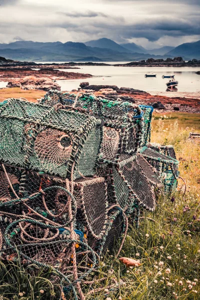 Closeup of colored cage for lobster on shore, Scotland — Stock Photo, Image