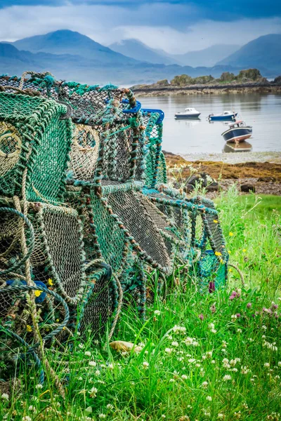 Gaiola colorida para lagosta na costa, Escócia — Fotografia de Stock