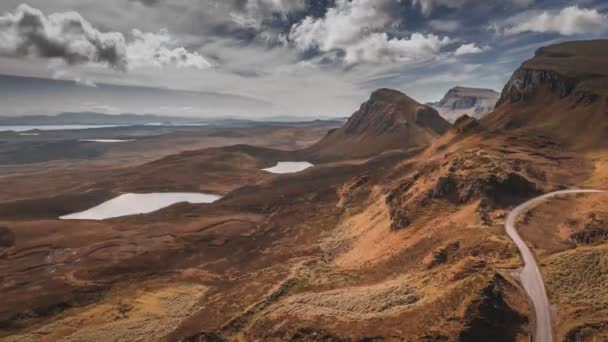 Dynamic sky over brown valley in mountain Quiraing, Scotland, United Kingdom, 4k, timelapse — Stock Video