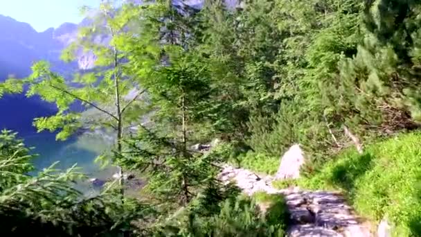 Sendero de montaña cerca del lago en medio de las montañas Tatras al amanecer, Polonia — Vídeos de Stock