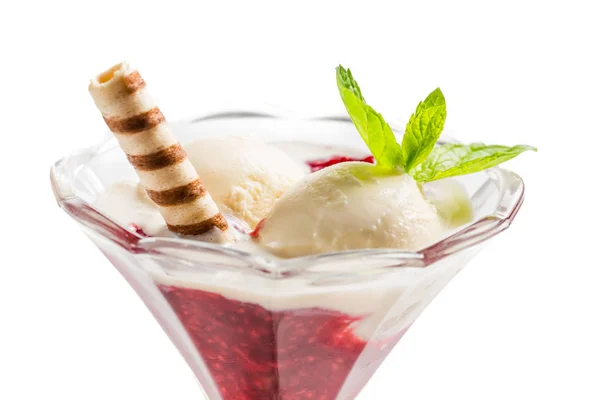 Vanilla ice cream and hot raspberry mousse on white background — Stock Photo, Image