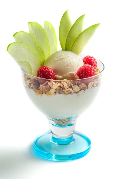 Dessert with ice cream, raspberry and muesli on white background — Stock Photo, Image