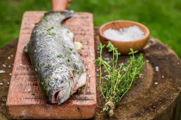 Fresh whole trout with thyme and salt for grill — Stock Photo, Image
