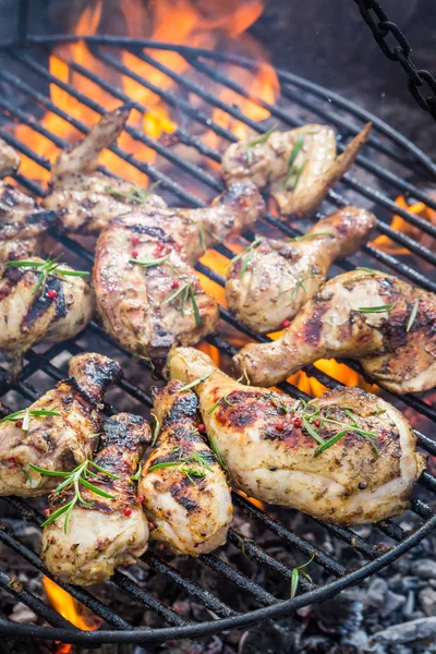 Tasty chicken on grill with spices and rosemary for grill — Stock Photo, Image