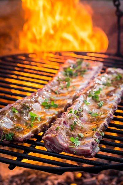 Spicy ribs with thyme and spices on grill — Stock Photo, Image