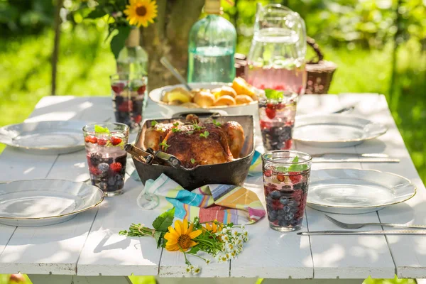 Homemade dinner with chicken and potatoes in garden — Stock Photo, Image