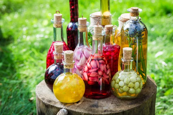 Closeup of homemade liqueur with alcohol and fruits — Stock Photo, Image