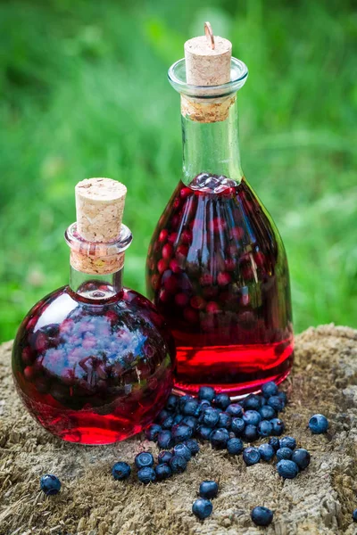 Liqueur en bouteille aux myrtilles et alcool en été — Photo