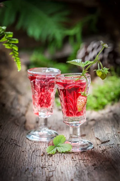 Liqueur sucrée aux fraises sauvages et alcool en forêt — Photo