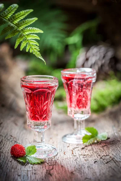 Licor doce feito de morango selvagem e álcool na floresta — Fotografia de Stock