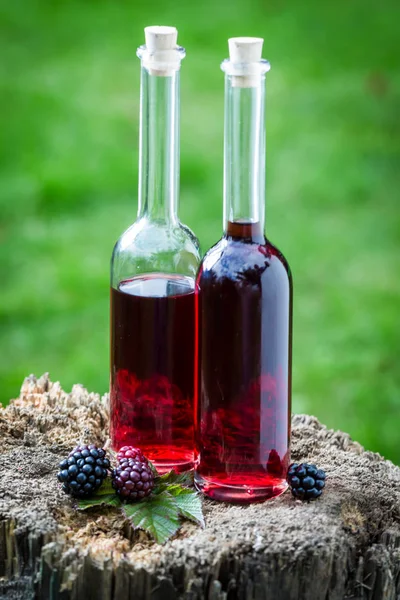 Tasty liqueur made of alcohol and blackberries in summer — Stock Photo, Image