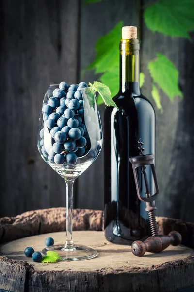 Closeup of red wine in bottle and grapes in glass — Stock Photo, Image