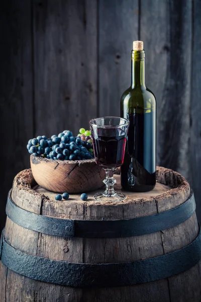 Vinho tinto jovem com uvas frescas em barril de carvalho — Fotografia de Stock