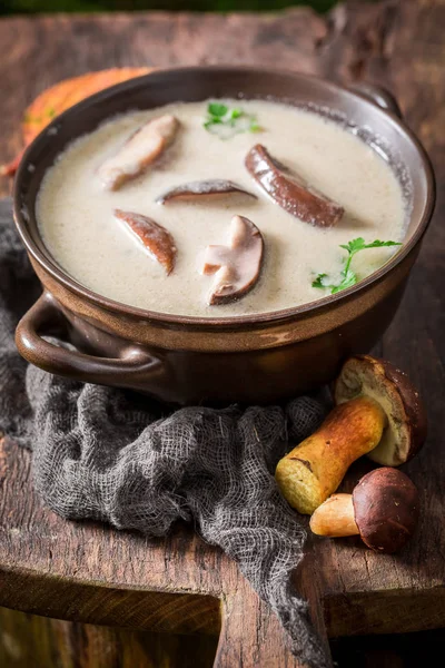 Sopa de cogumelos gostosa com cogumelos e salsa — Fotografia de Stock