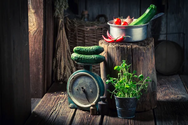 Seminterrato in legno con erbe fresche e verdure — Foto Stock