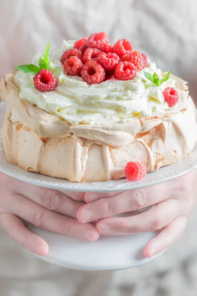 Sweet and creamy Pavlova cake with raspberries and meringue — Stock Photo, Image