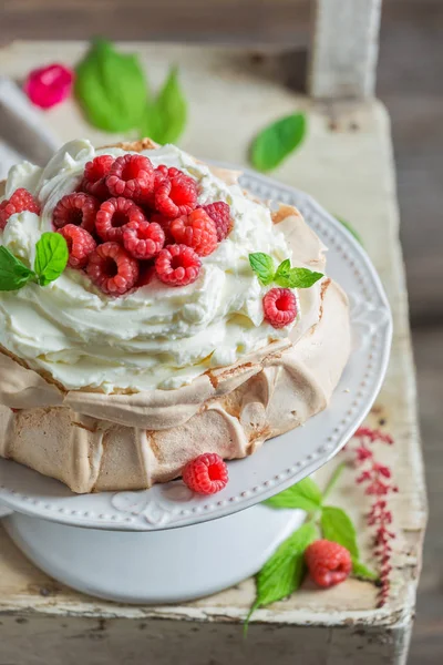 Homemade and rustic Pavlova dessert made of mascarpone and berries — Stock Photo, Image