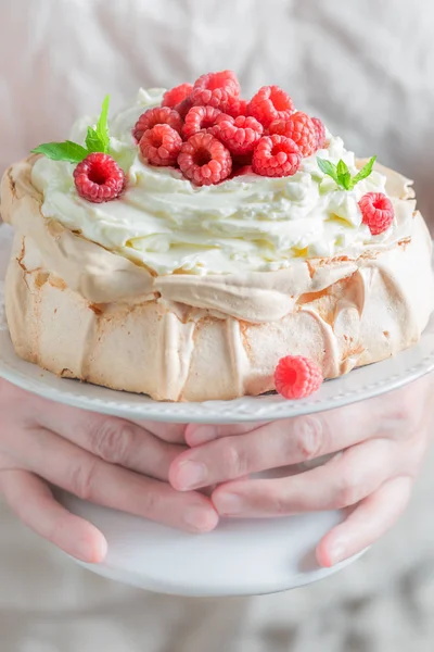 Tort dulce și cremos Pavlova cu zmeură și bezea — Fotografie, imagine de stoc