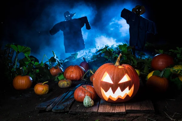 Turuncu kabak ile mavi sis ve Cadılar Bayramı için korkuluk — Stok fotoğraf