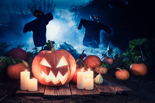 Espantosa calabaza de Halloween con espantapájaros en el campo —  Fotos de Stock