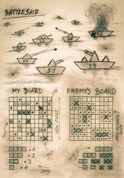 Ruční skica sépiový bitevní hra na moři — Stock fotografie